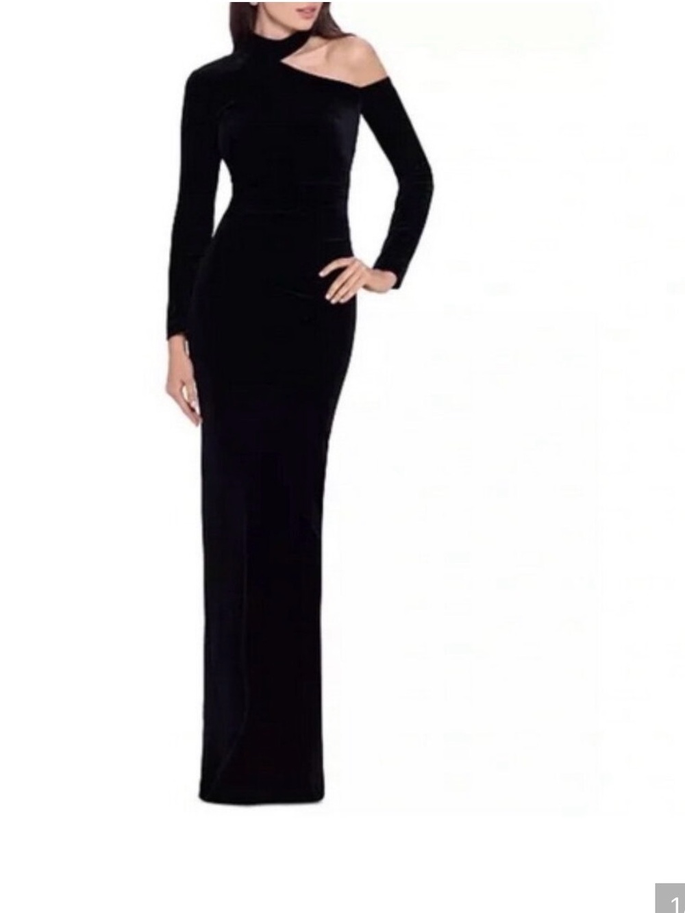XSCAPE Black One Shoulder Cut Out Long Sleeve Velvet Evening Gown Size 14